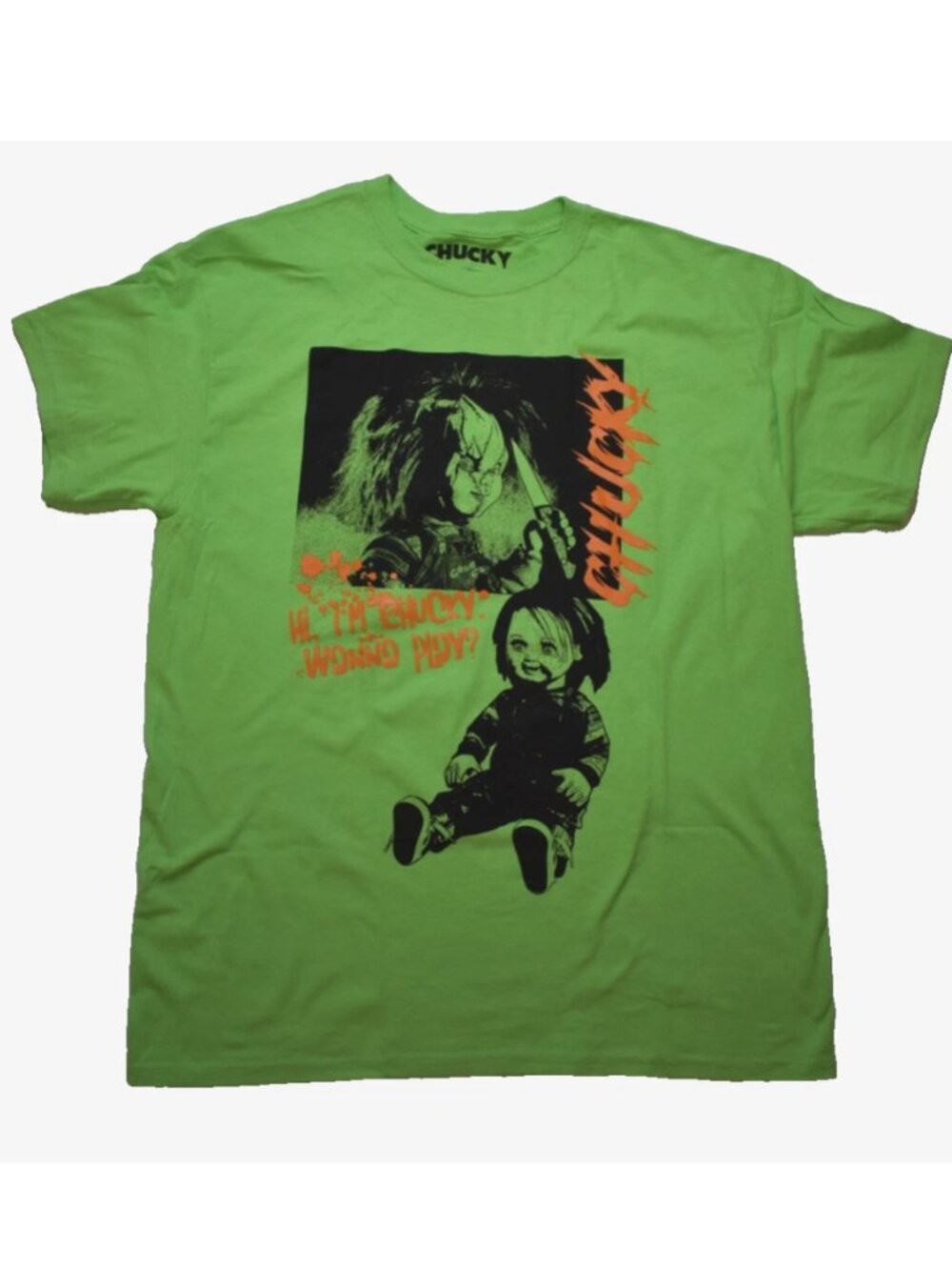 Childs Play Hi I'm Chucky Wanna Play Mens Doll With Knife Green Shirt New Large